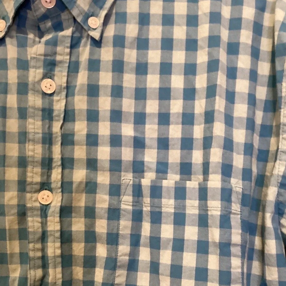 J.Crew Long Sleeve Button Down Slim Flex Gingham Shirt Blue Tan Check - Medium